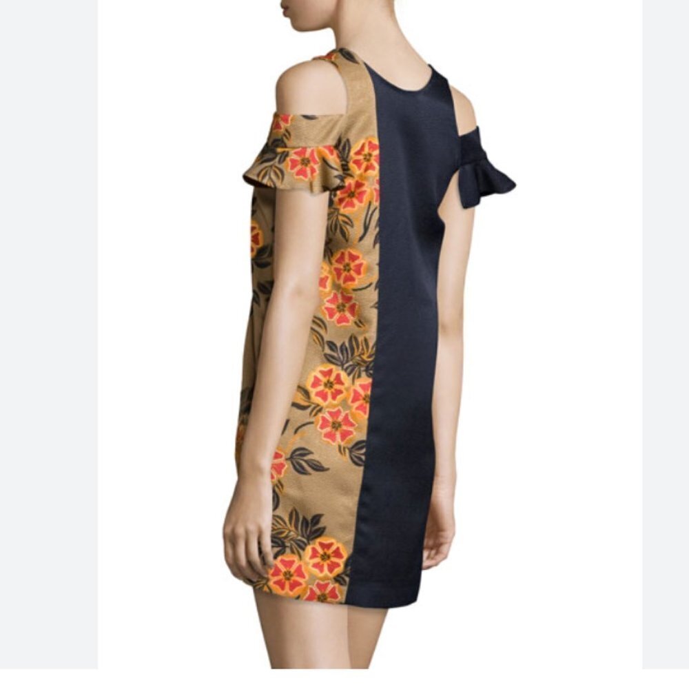 MSGM MILANO NAVY TAN FLORAL-TRIM HAMMERED SATIN COLD SHOULDER MINI SHIFT DRESS